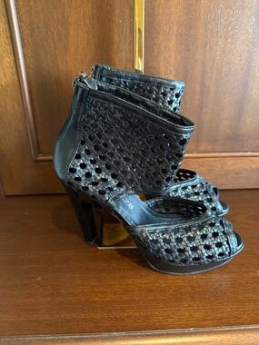 Woven Black Peep-Toe High Heel Ankle Booties EU 37 or US 7